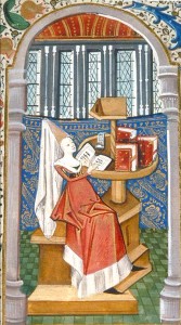 Medieval authoress Christine de Pisan reading in her study
